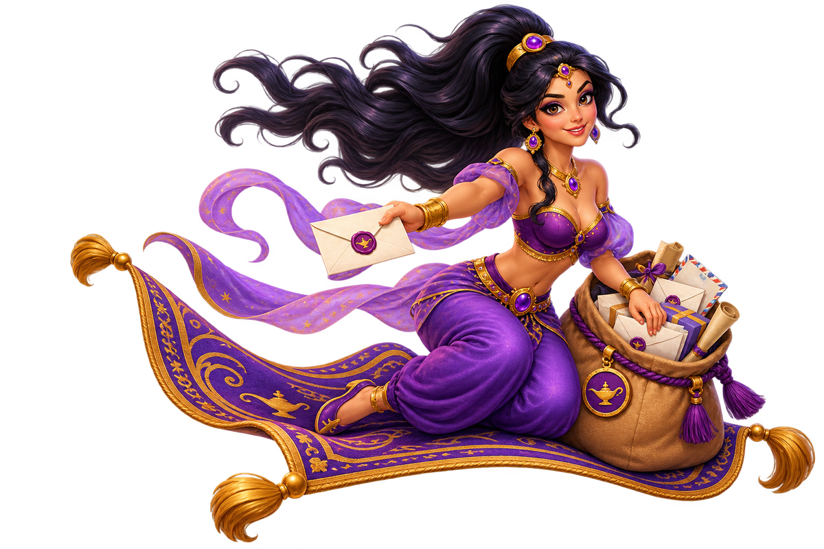 Antiques Genie carrying messages on a magic carpet